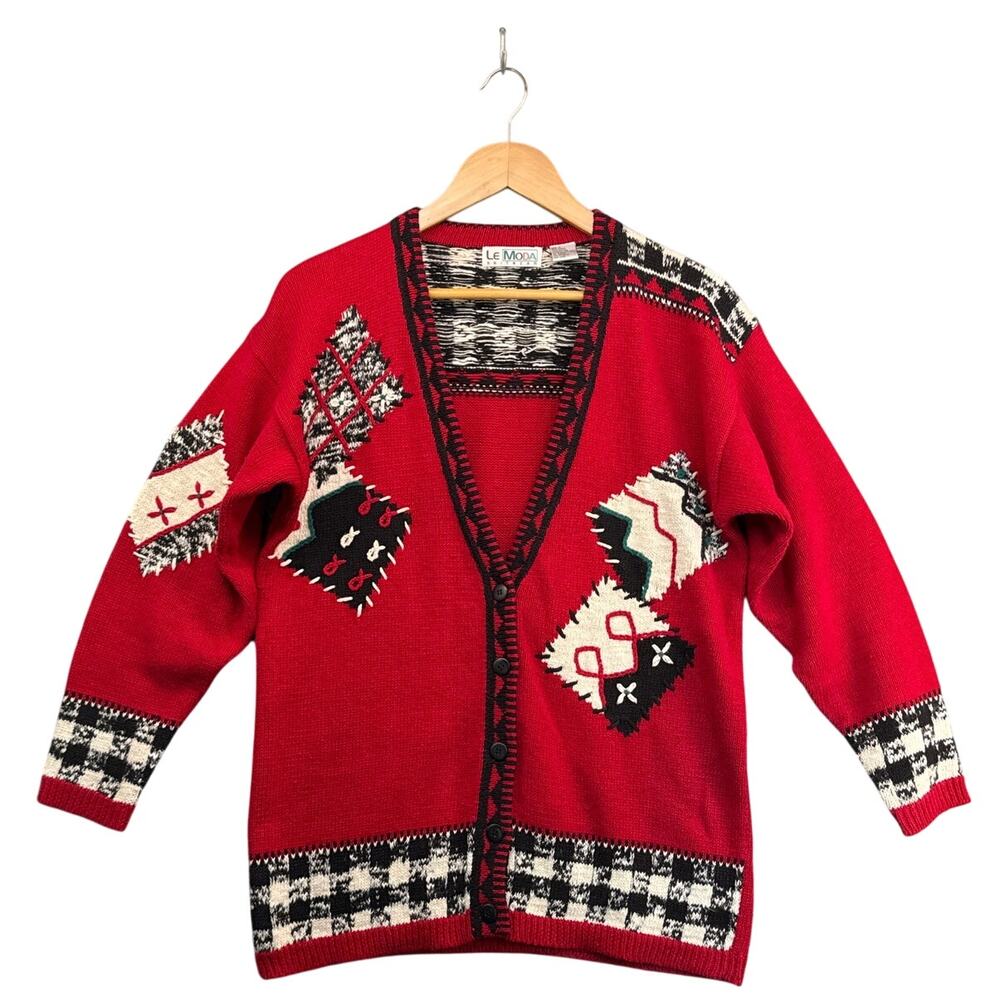 Le Moda Vintage Red Patchwork Black-White Checkered Cardigan Sweater Women S